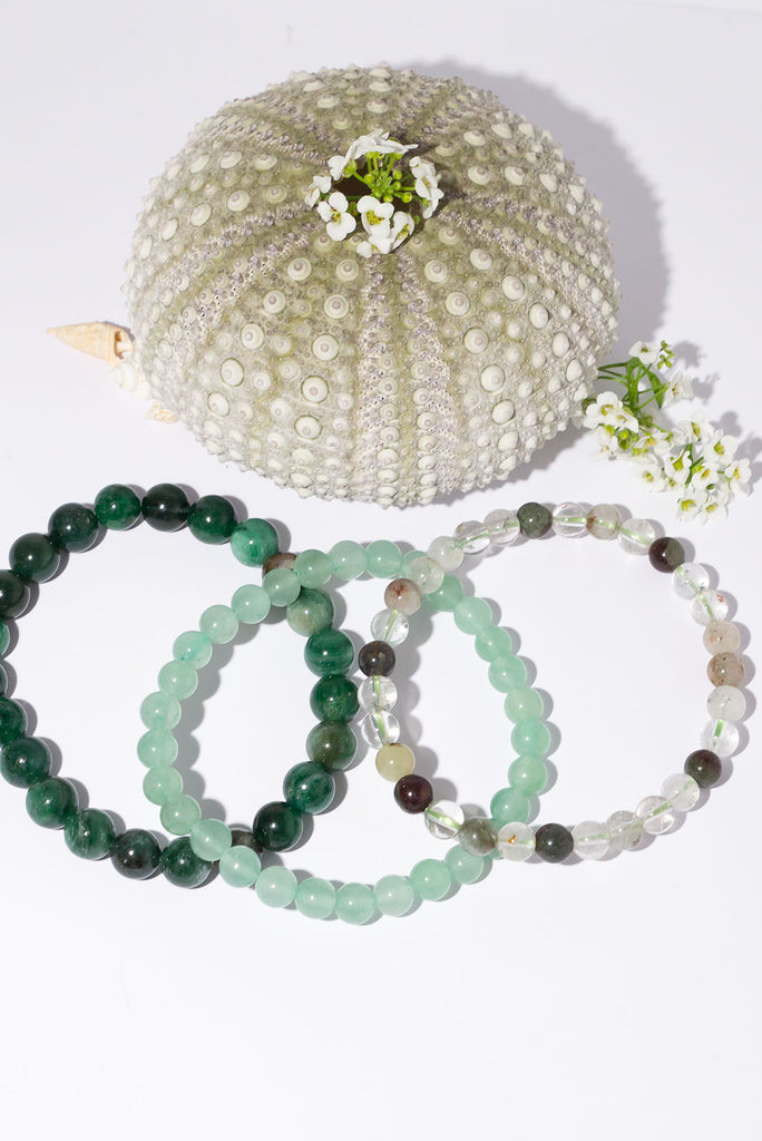 A beautiful trio of stretch bracelets inspired by lush green forest ferns.