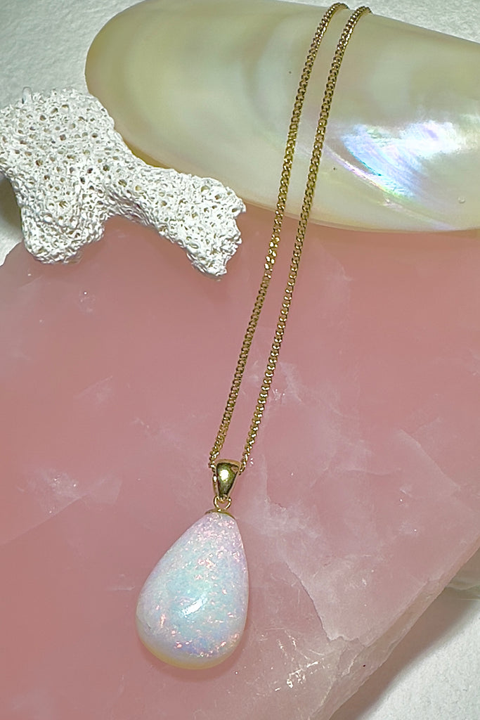 Australian crystal Opal pendant is sprinkled throughout with pink flash, and a tiny bit of green, it's softly feminine and so pretty.