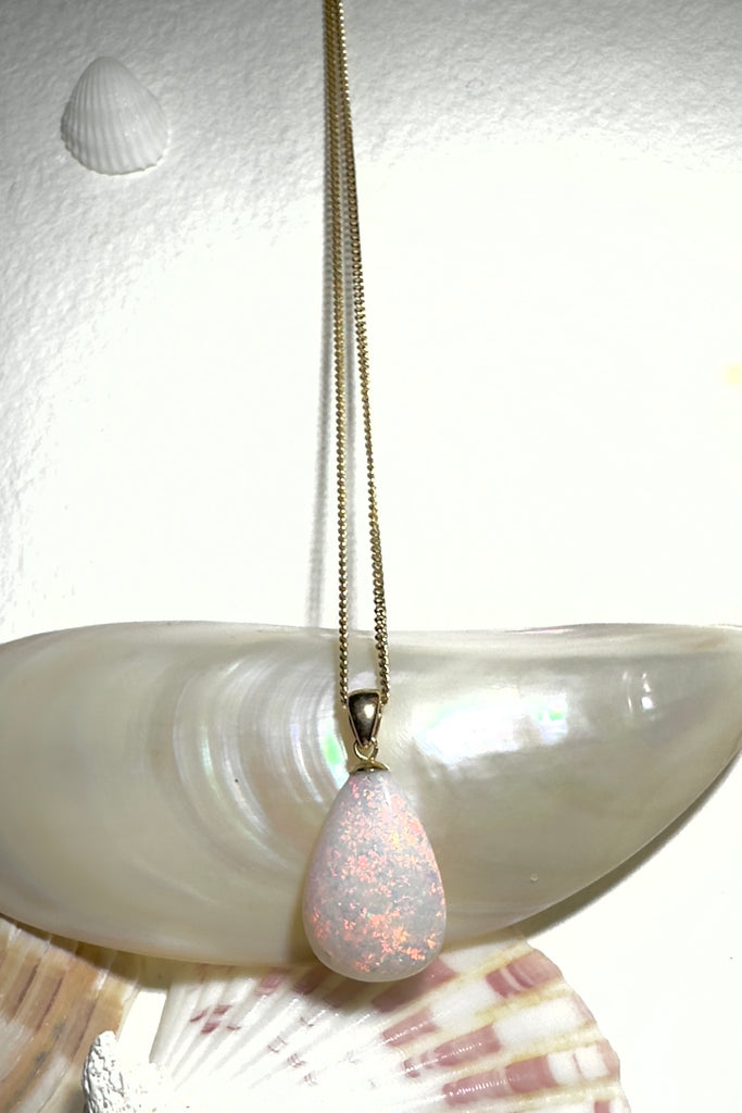 Australian crystal Opal pendant is sprinkled throughout with pink flash, and a tiny bit of green, it's softly feminine and so pretty.
