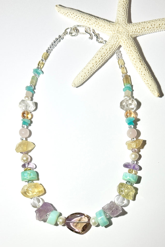 Necklace is 17 inches in length.  Stones are Citrine, Ametrine, Blue Peruvian Opal, Rock Crystal, Amethyst, Rose Quartz, and Amazonite