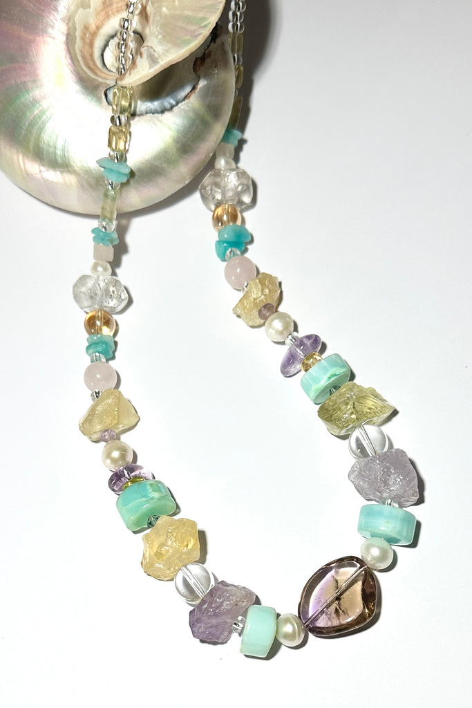 Necklace is 17 inches in length.  Stones are Citrine, Ametrine, Blue Peruvian Opal, Rock Crystal, Amethyst, Rose Quartz, and Amazonite