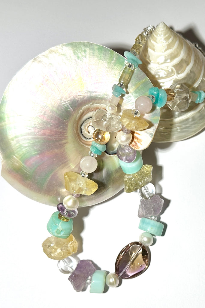 Necklace is 17 inches in length.  Stones are Citrine, Ametrine, Blue Peruvian Opal, Rock Crystal, Amethyst, Rose Quartz, and Amazonite