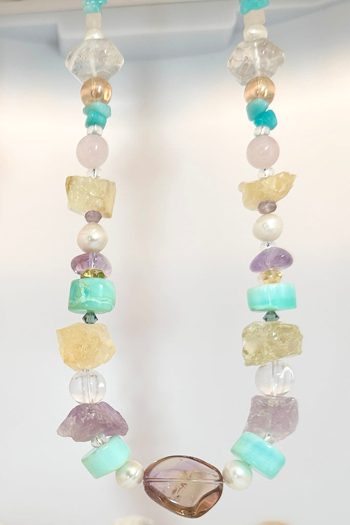 Necklace is 17 inches in length.  Stones are Citrine, Ametrine, Blue Peruvian Opal, Rock Crystal, Amethyst, Rose Quartz, and Amazonite