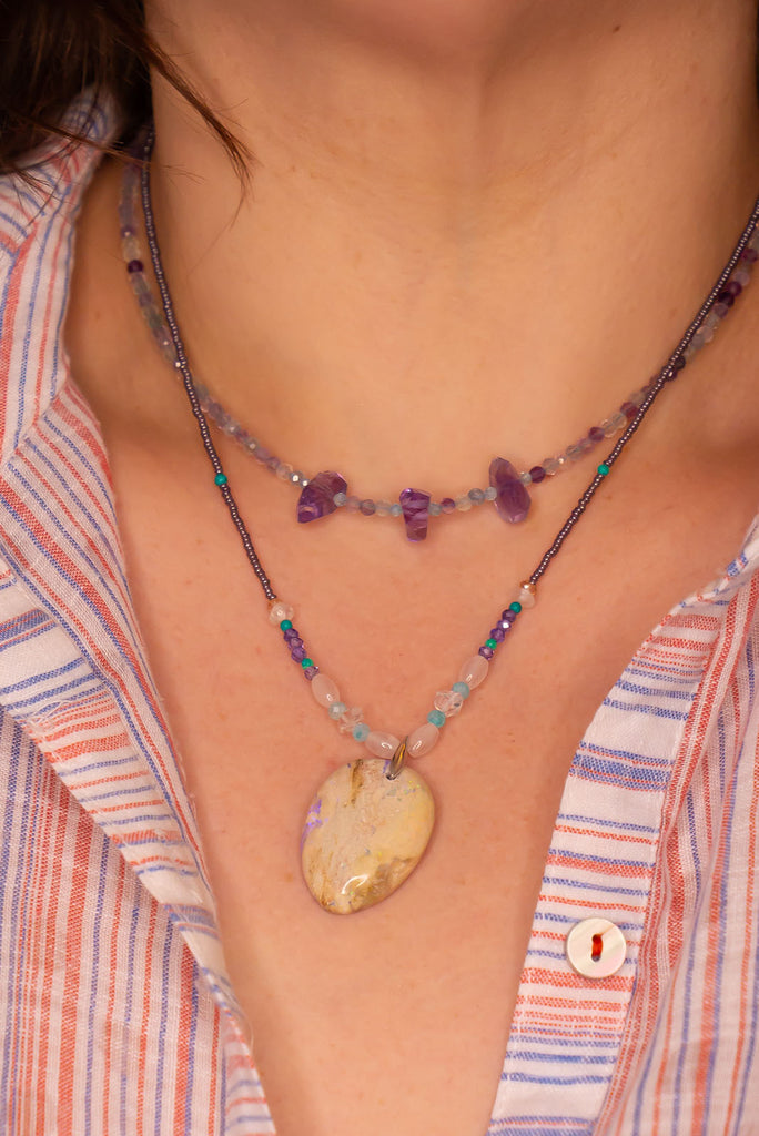 A delicate mix of soft purples & mint greens this gorgeous necklace is perfect for layering.