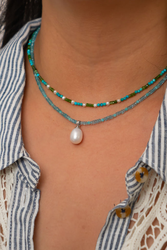 Fresh, crisp and cool like a soft sea breeze this delicate pearl &amp; apatite necklace is the perfect thing for hot Summers Day.