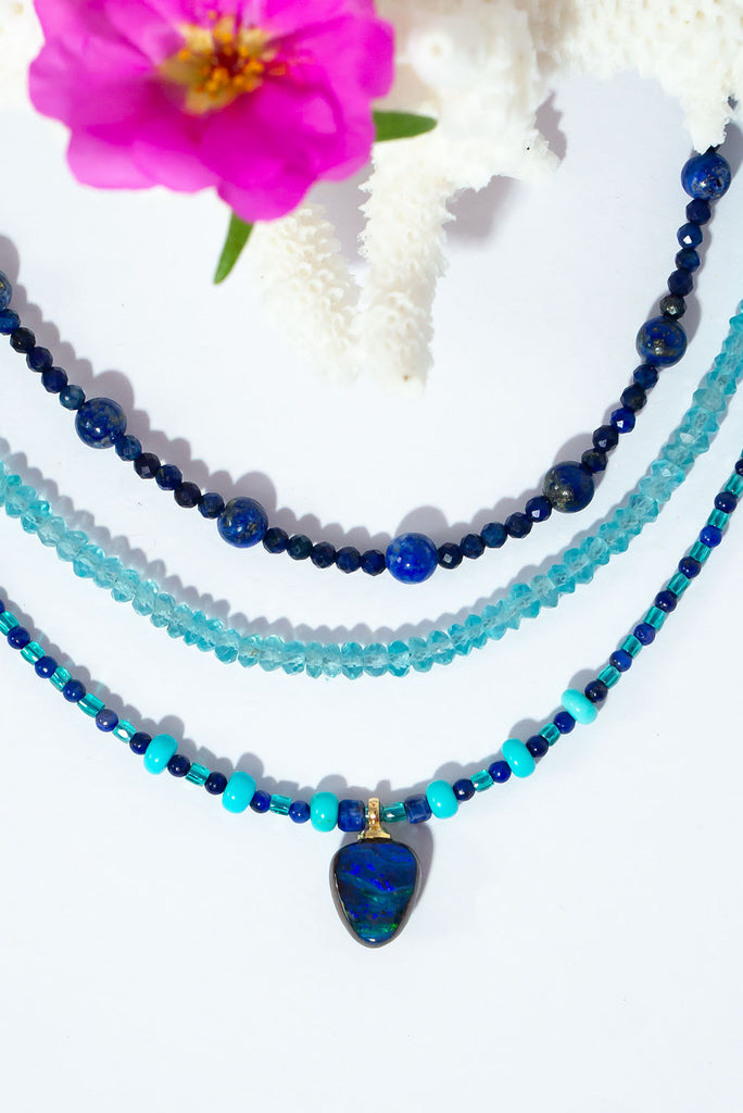 With the colours of a tropical atoll under a midnight sky this magical necklace will enchant you.