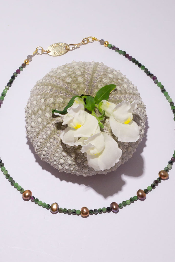 The combination of ruby zoisite and chocolate pearls makes this necklace something special.