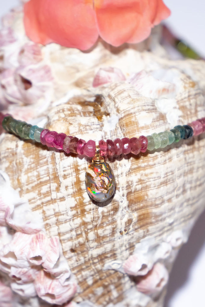 Find a secret garden of colour hidden with this gorgeous Australian Boulder Opal and tonal tourmaline necklace.