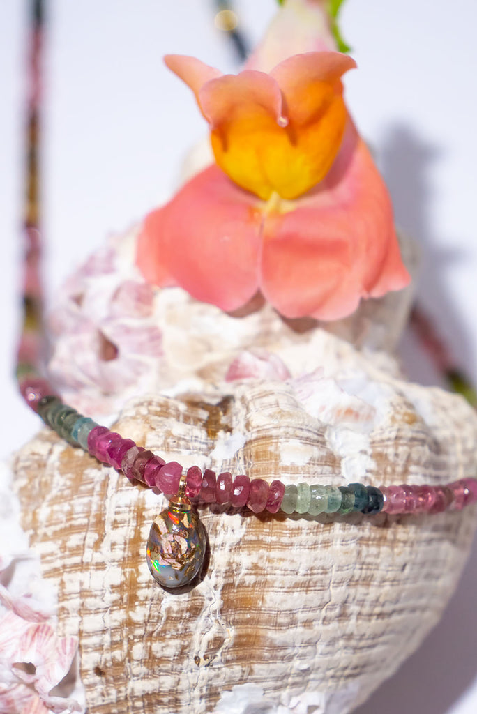 Find a secret garden of colour hidden with this gorgeous Australian Boulder Opal and tonal tourmaline necklace.