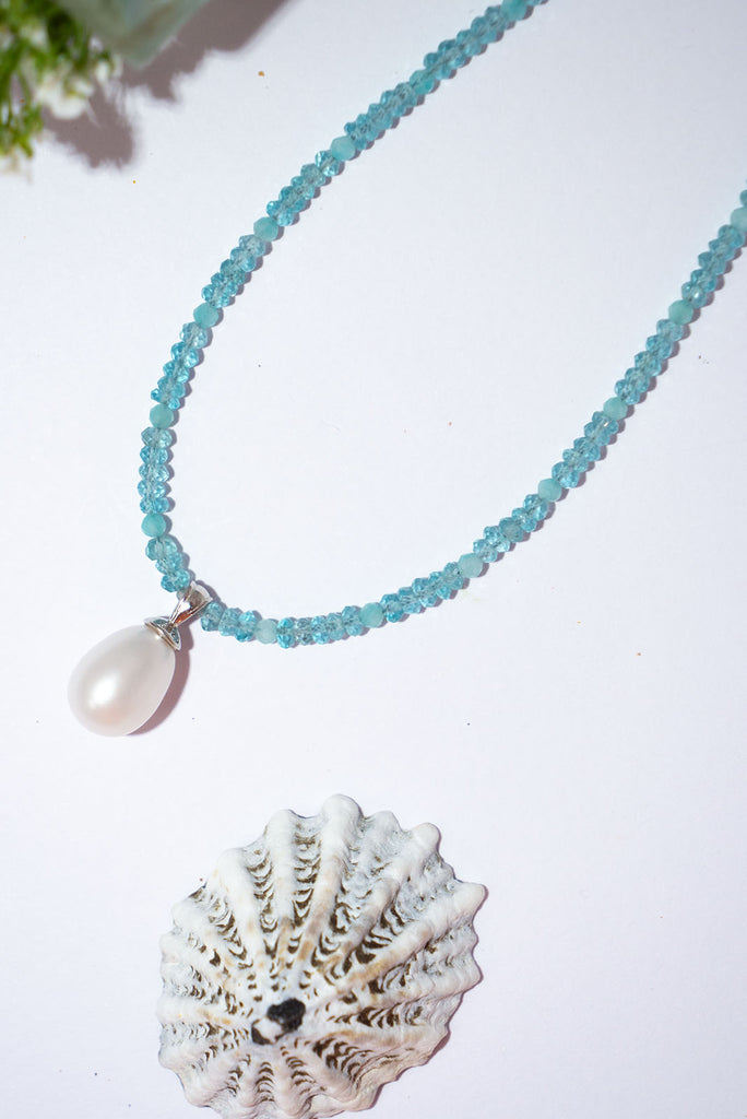 Fresh, crisp and cool like a soft sea breeze this delicate pearl & apatite necklace is the perfect thing for hot Summers Day.