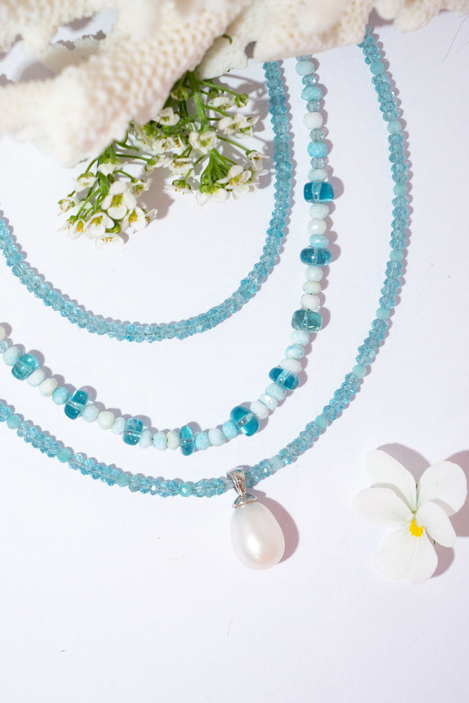 Fresh, crisp and cool like a soft sea breeze this delicate pearl & apatite necklace is the perfect thing for hot Summers Day.