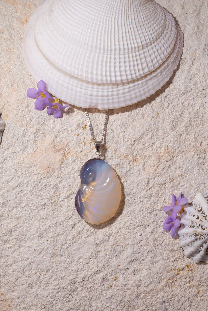 Not just a seashell from the seashore, this magical nautilus pendant is carved in solid Australia opal. This unique one of a kind piece was carved in Noosa, Queensland from locally sourced opal rough.