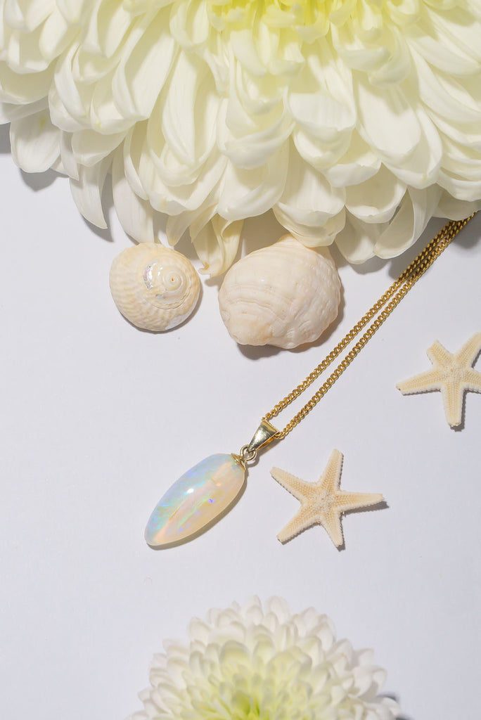 Beautiful Australian Crystal opal in a elongated teardrop shape with a gold bail and gold chain set amongst cream seashells and warm white dahlias with tiny starfish on a white background.